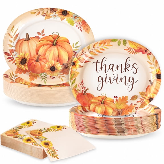MSHJA 150pcs Thanksgiving Pumpkin Oval Paper Plates, 12" Disposable Fall Dinner Plates with Napkins for Autumn Harvest Parties and Thanksgiving, Serves 50