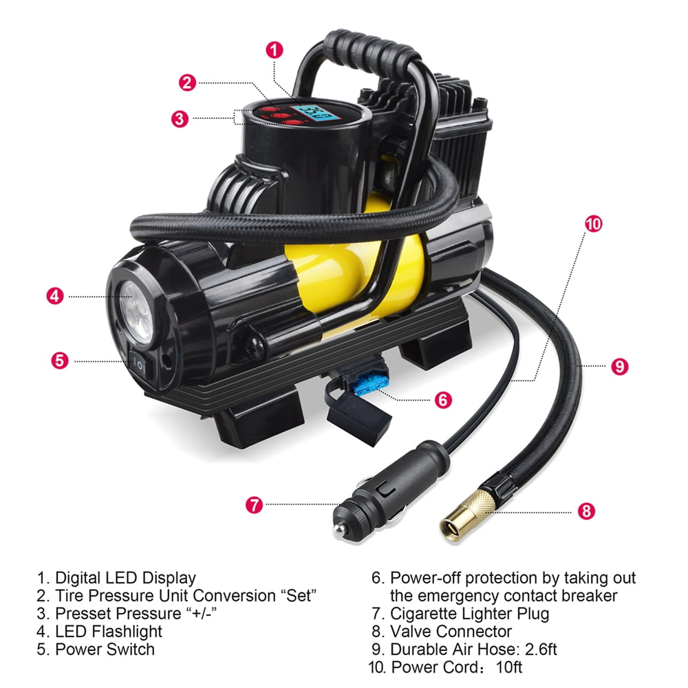12V Heavy Duty Air Compressor, Auto-Stop Portable Tire Inflator With LCD Digital Display, 7.14 CFM 150PSI Offroad Air Pump With Adapters For Trucks Car Suv 4 X 4 Vehicle Rv P 010393602706