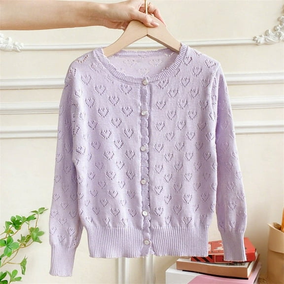 AUNVITO Girls 1-13Y Knit Cardigan Solid Color Long Sleeve Lace Heart Cutout Open Front Sweater Casual Comfort Fit