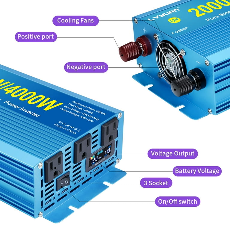LVYUAN 2000W 4000W Pure Sine Wave Power Inverter, DC 12V to AC 