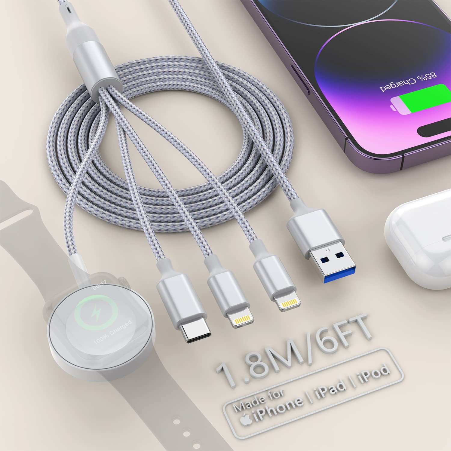 4 IN 1 Apple Watch and Phone Charger Cable Multi Universal iwatch Charger Cable Magnetic Smart Watch Charger Dual Lightning USB C Charging Cord Compatible with Apple Watch iPhone Galaxy Pixel 6FT Walm...