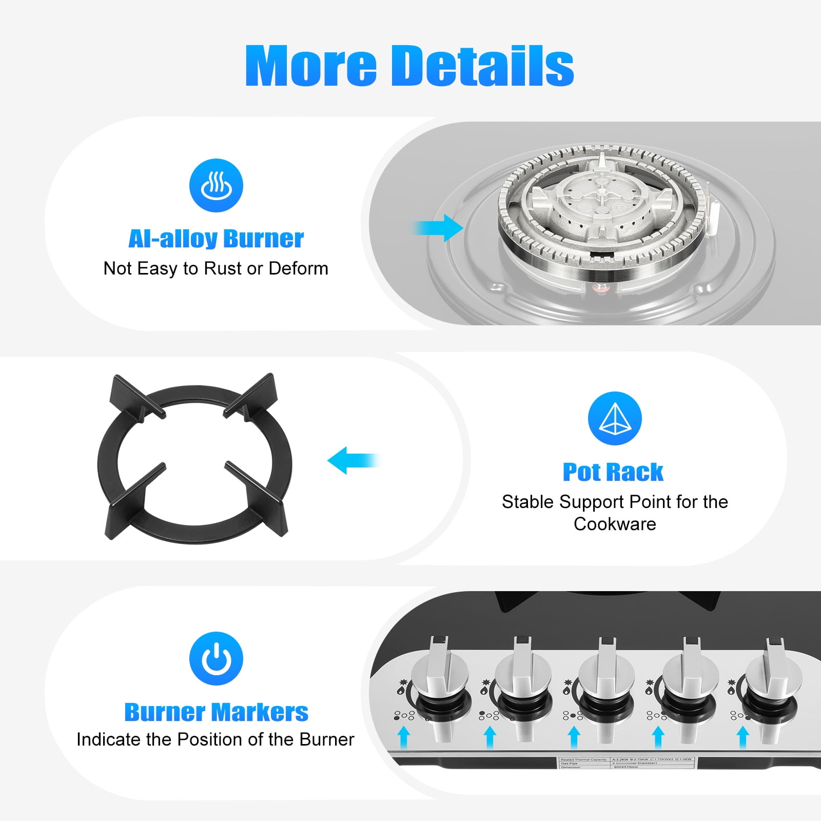 35" 5 Burners Gas Stove Built-In Cooktop LPG/NG Stainless Steel Gas Hob Cooker for Domestic Or Commercial Cooking