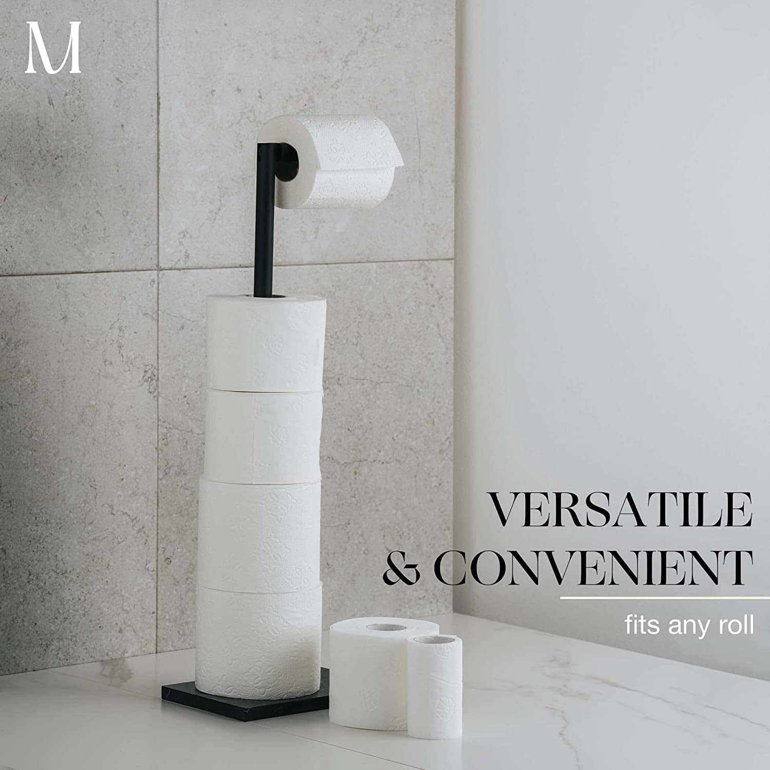 Marmolux Acc Matte Black Free Standing Toilet Paper Holder with Weighted Black Marble Base Storage