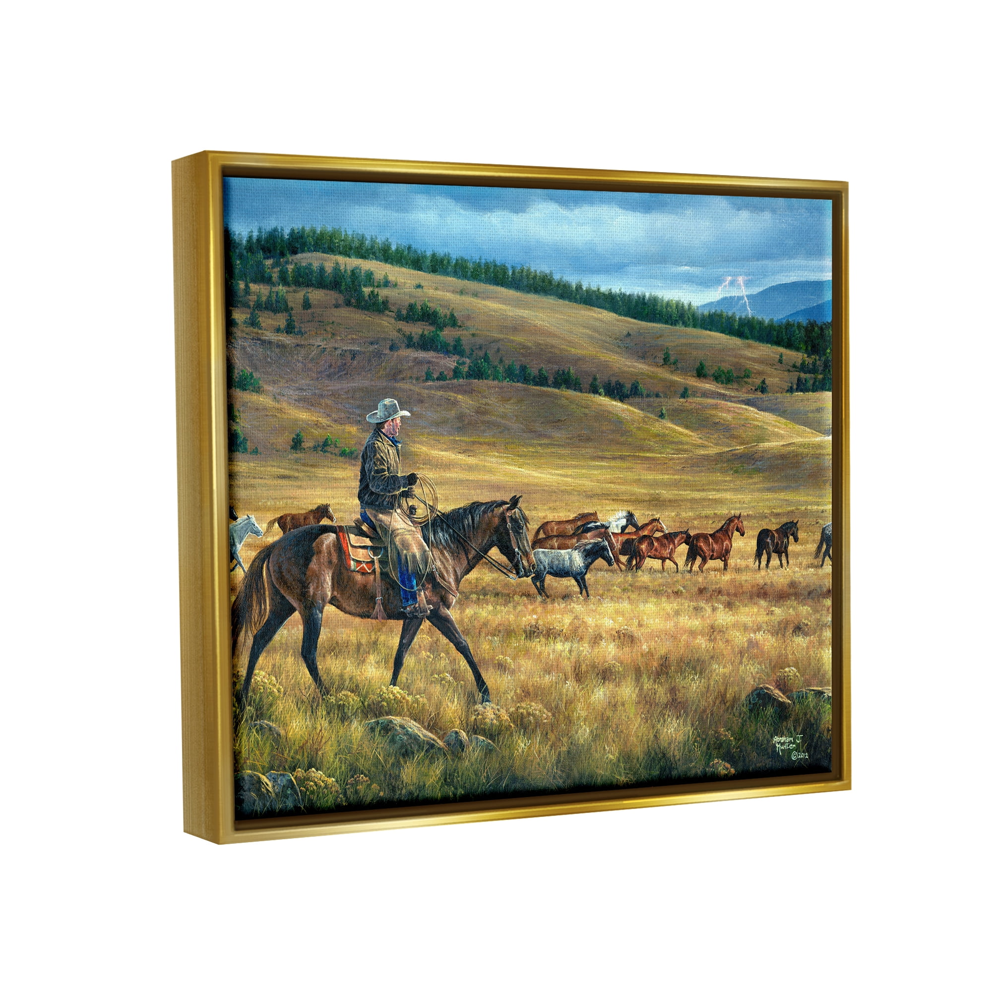 Stupell Industries Equestrian Horse Landscape Animals & Insects Painting Gold Floater Framed Canvas Art Print Wall Art, 31 x 25