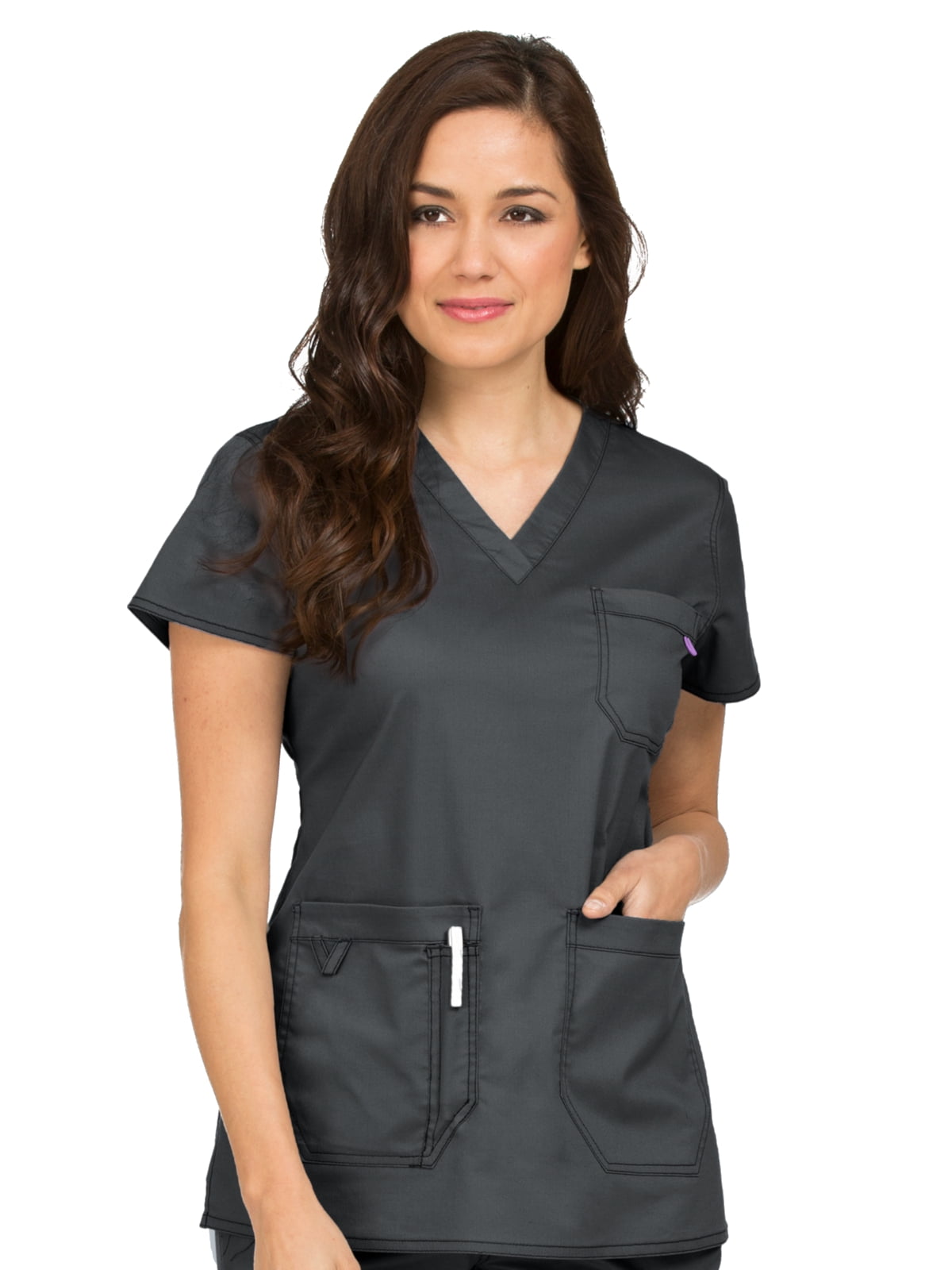 Med Couture Women's VNeck 3 Pocket Scrub Top Pewter XS
