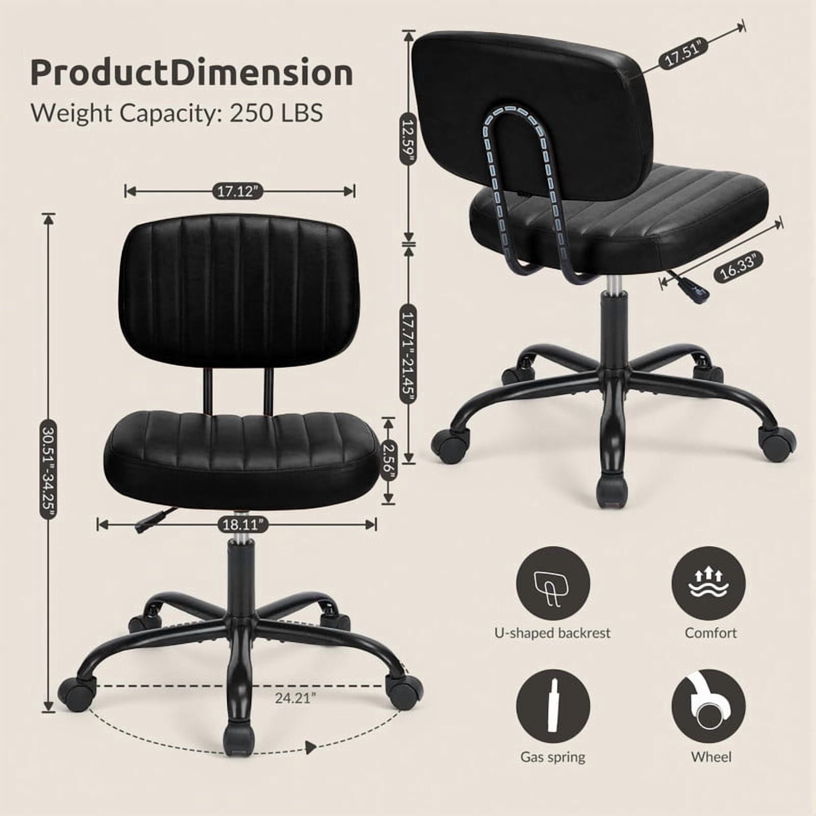 Kelno Armless Desk Chair Height Adjustable Swivel Rolling PU Leather Task Chair with Lumbar Support, Black