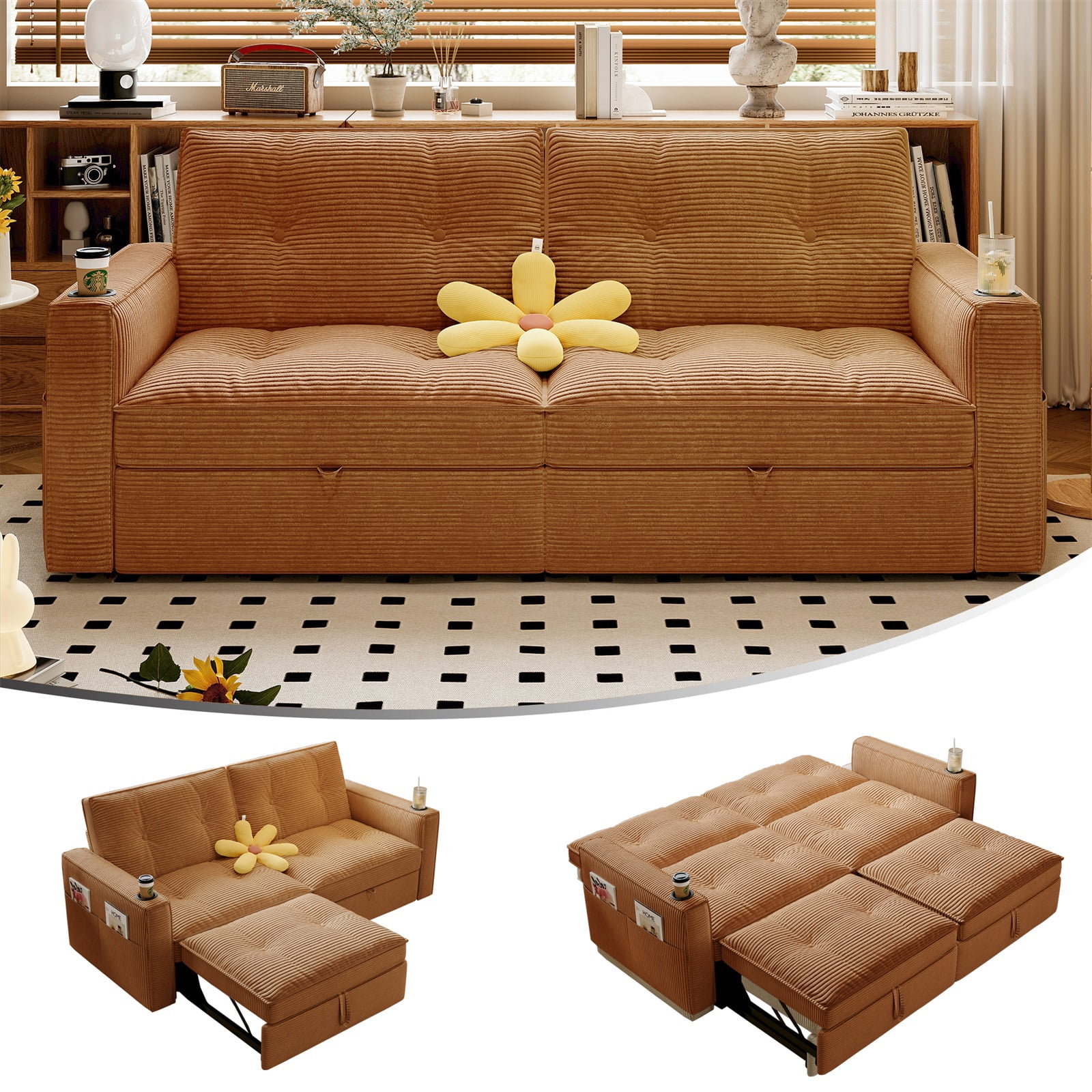 Hommoo 70" Convertible 2-in-1 Pull Out Couch Bed, Multi-Functional Corduroy Loveseat Sleeper Sofa Bed, Orange