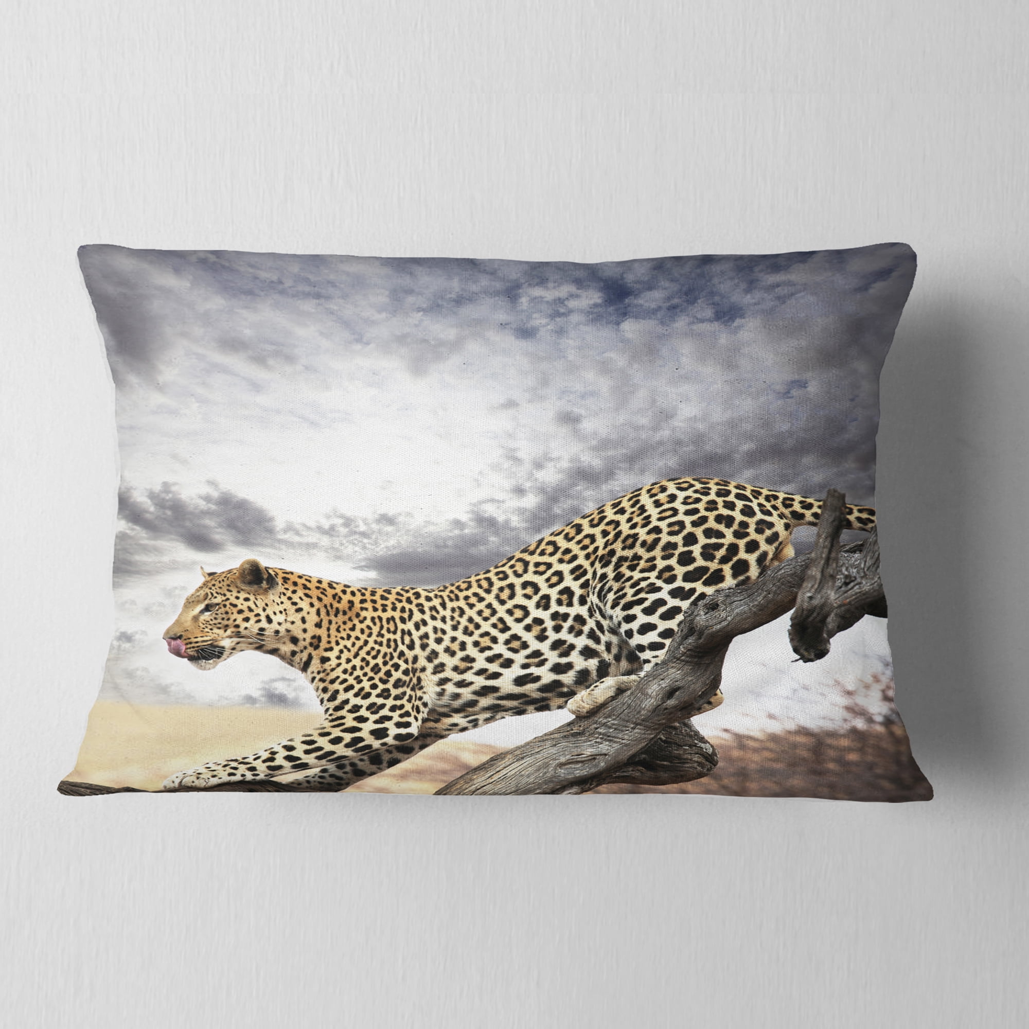 Designart Leopard on Tree under Cloudy Sky - African Wall Throw Pillow - 12x20