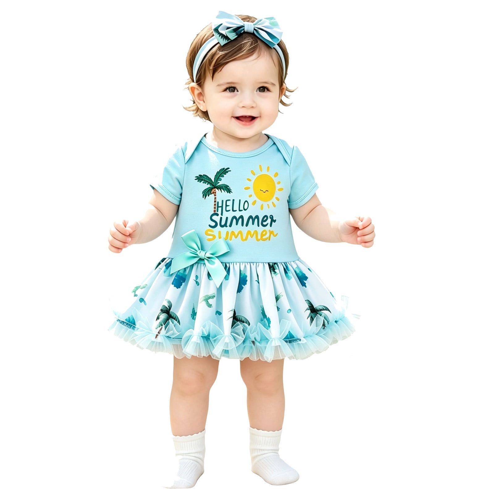 Bainana Girls Romper Dress Cartoon Print Short Sleeve Crew Neck Dresses Cozy Baby Kids Everyday Wear Bodysuit 6-9 Months Sky Blue