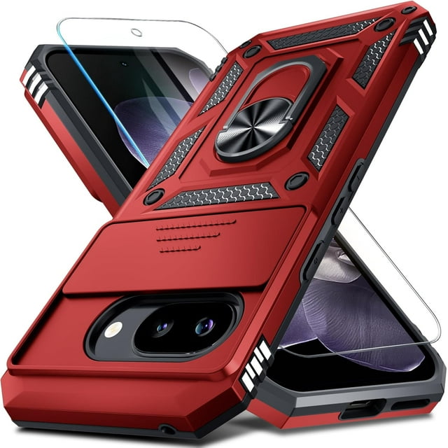 KOMI Étui Compatible avec Google Pixel 9A avec Couvercle d'Objectif de Caméra Intégré + Protecteur d'Écran + Support de Bague pour Doigt, Étui de Téléphone Antichoc Robuste, Rouge