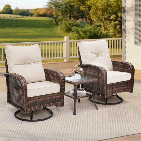 TUAREX Outdoor Patio Swivel Wicker Glider Chair Set, 2 Swivel Rocking Lounge Rattan Chairs with Side Table, Overstuffed Washable Cushions for Porch, Balcony, Garden, Brown Rattan Beige Cushions