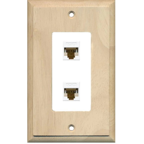 RiteAV 2 Port Cat6 Ethernet Wall Plate Jack Female-Female - 1 Gang [Wood/White]