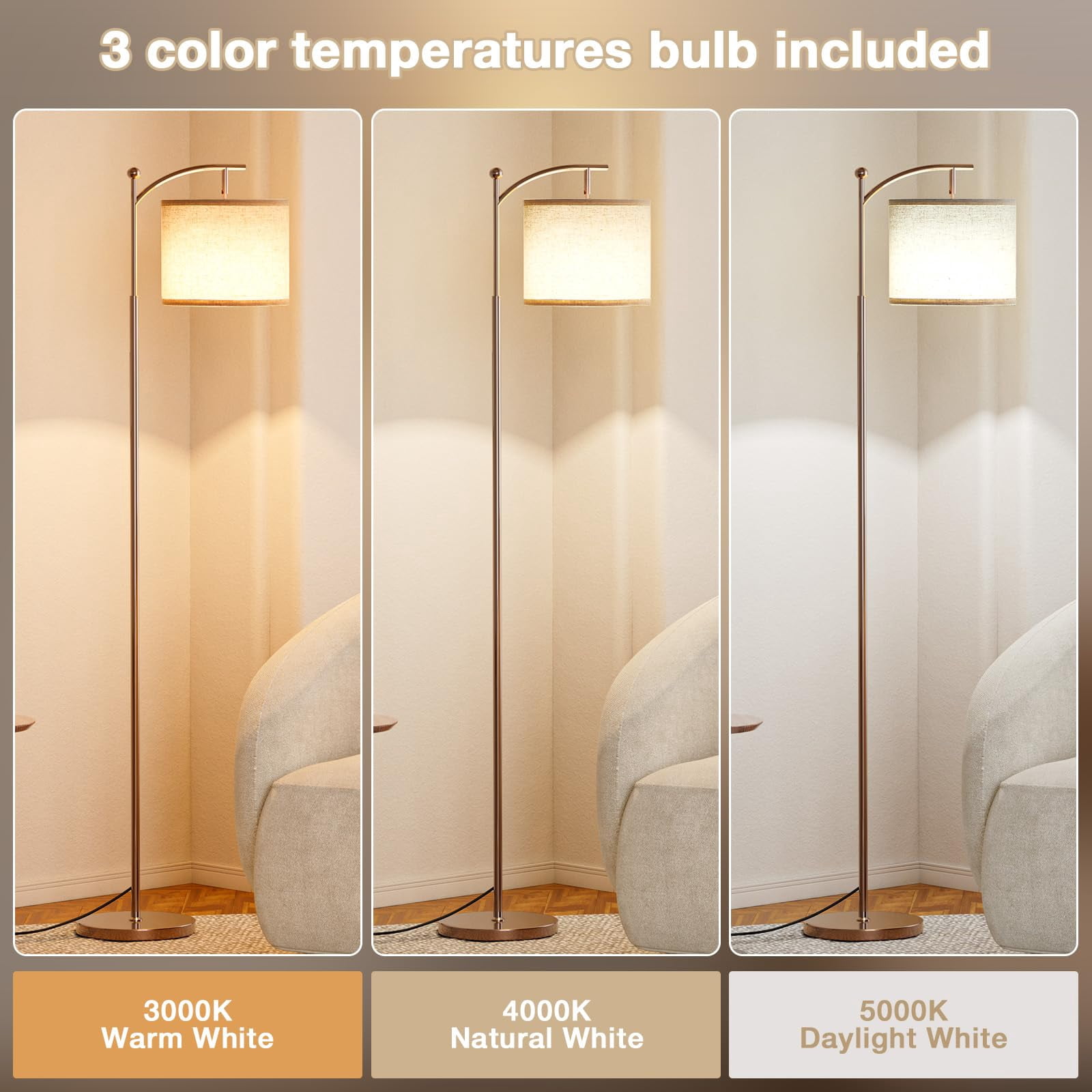 60" Floor Lamp For Living Room With 3 Color Temperatures  Adjustable Beige Shade Brown Pole Tall Bedroom Office Classroom Dorm 9w Bulb Included