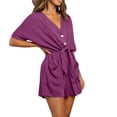 thumbnail image 3 of SHOPESSA Womens Shorts Summer Plus Size Fashion Solid Color Pocket Summer V-Neck Short Sleeve Button Tie Jumpsuit S on, 3 of 7