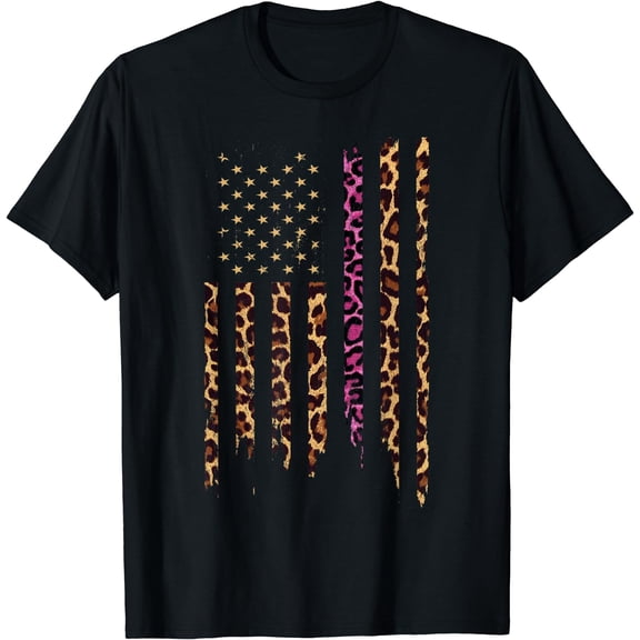 American Flag Patriotic Mens Womens Leopard Cheetah Print T-Shirt Black Small