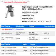 Right Engine Mount - Compatible with 2016 - 2021 Honda Civic 2017 2018 2019 2020