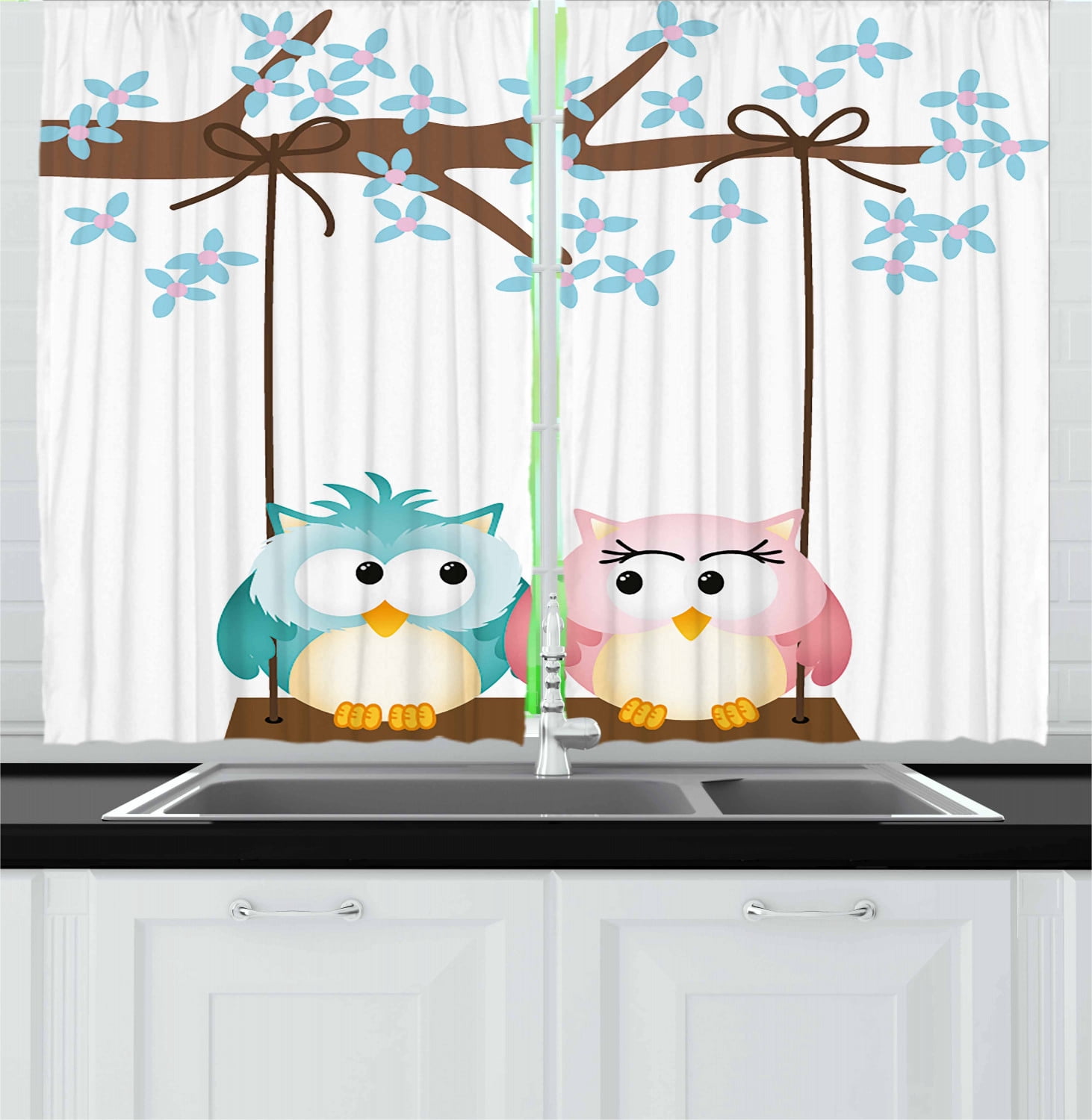 Nursery Curtains 2 Panels Set, Two Owls in Love on a Swing Blossoming