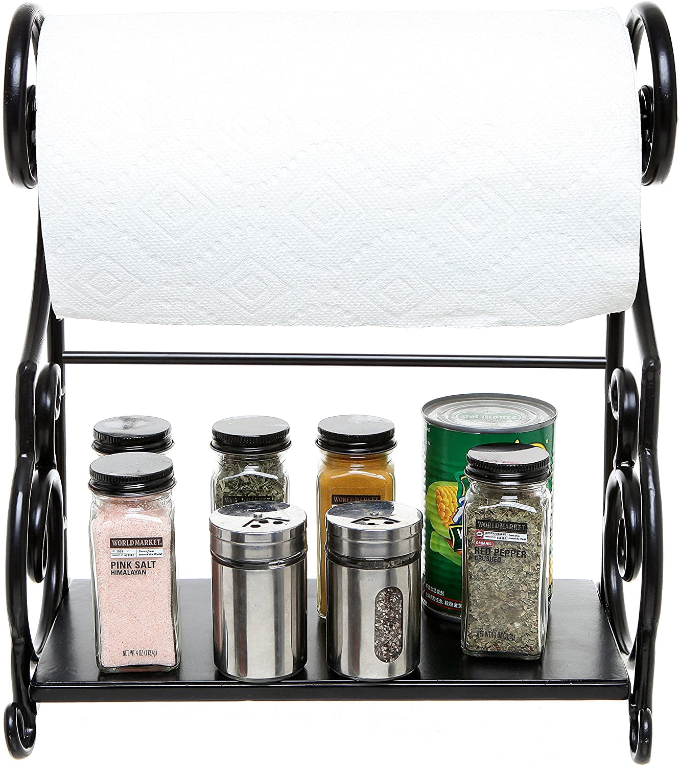 MyGift Black Metal Countertop Scrollwork Design Paper Towel Holder with Condiment Shelf