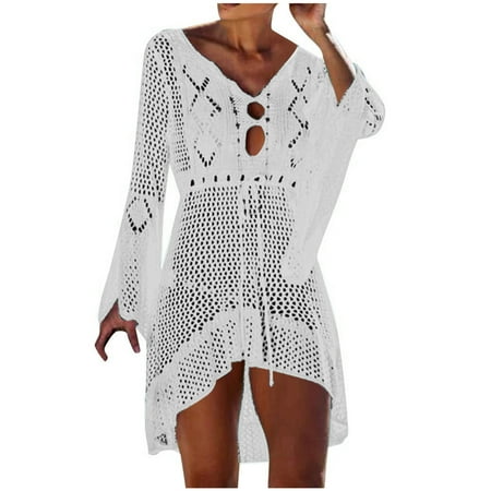 Olyvenn Womens Tops Casual Plus Size Loose Women s Summer Swimsuit Bikini Trendy Sun Protection With Flared Sleeves Beach Swimwear Cover Up Knitted Cover Up For Women 2022