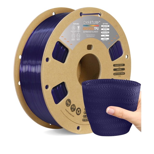 Filamento OVERTURE TPU de alta velocidad, rollo flexible de 1,75 mm, filamento suave de 95 A para impresora 3D, bobina de 1 kg (2,2 lb), compatible con la mayoría de impresoras FDM (TPU HS morado tran