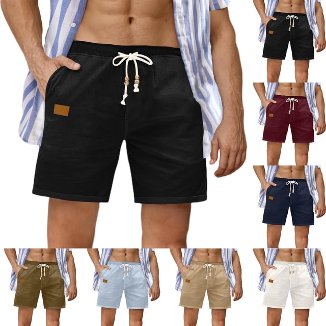 Men's Linen Shorts Fashion Casual Solid Drawstring Elastic with Pockets Shorts Dark Blue