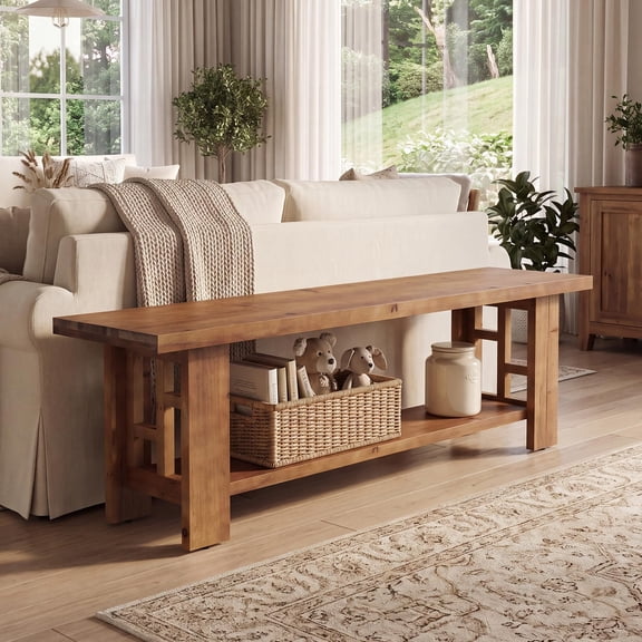 Finmind 55" Solid Wood Bench, Entryway Bench with Storage Shelf, Farmhouse End of Bed Bench, Dining Bench, Living Room Bench