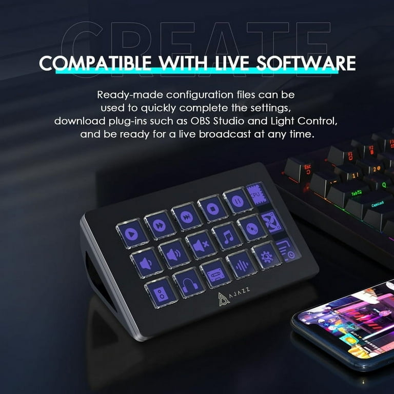 Ajazz AKP153 Studio Deck Stream Controller - 15 Macro Keys for OBS, YouTube, Twitch - Works with PC/Mac (Black)