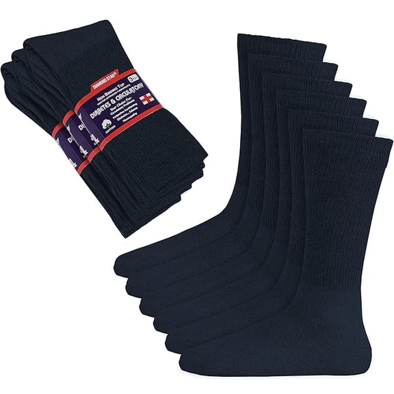Diamond Star Diabetic Socks for Men & Women - Non-Binding Cushion Cotton Crew Socks for Neuropathy, Edema, & Circulatory Support (Navy - 3 Pairs, Sock Size 9-11, Fits Women's Shoe Size 5-10)