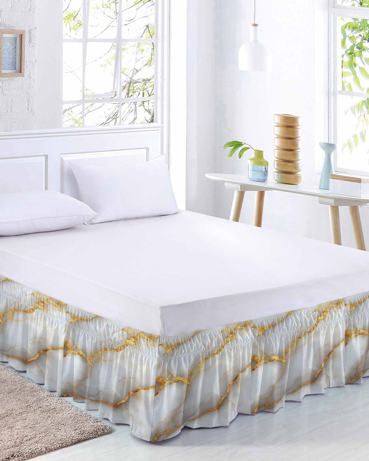 Marble Grey Bed Skirt Queen Size, Gold Texture Modern Crack Scenery Wrap Around Bed Skirting with Adjustable Elastic Strap, Dust Ruffle Pleated Bedskirts 16 Inch Drop for Bedroom Queen Beds