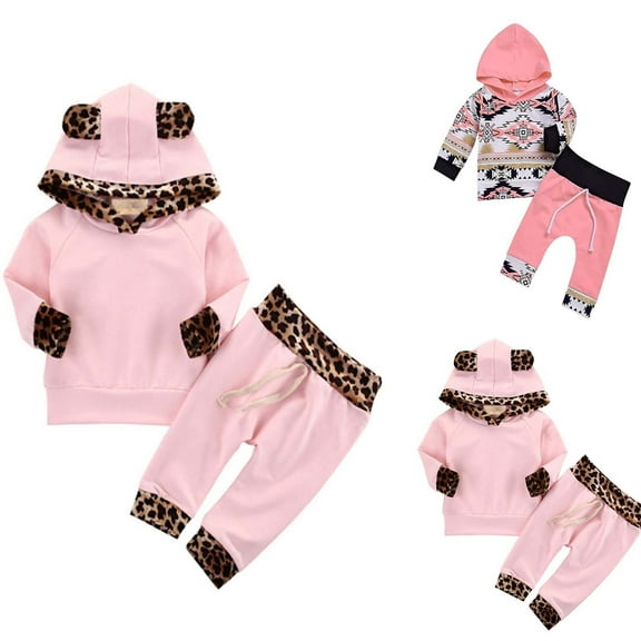 Baby Girl Fall Outfits Girls Leopard Tracksuit Hooded Jogger Outfit Elastic Waistband Toddler Fall Clothes Light Pink1 0 M-6 M