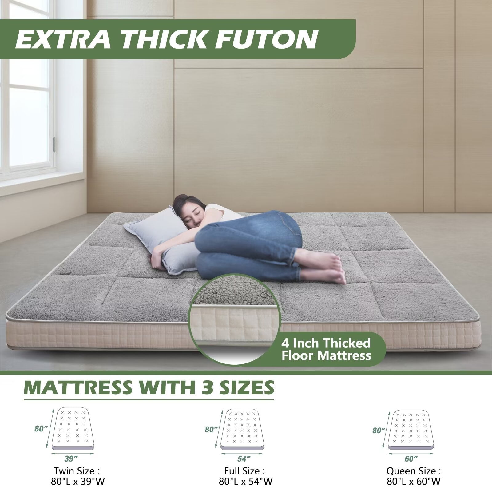 MOPHOTO Upgraded Extra Thick Floor Mattress with Storage Bag,Japanese Futon Mattress,Folding Sleeping Padded Futon Mattress Portable Camping Mattress,Gray,Full