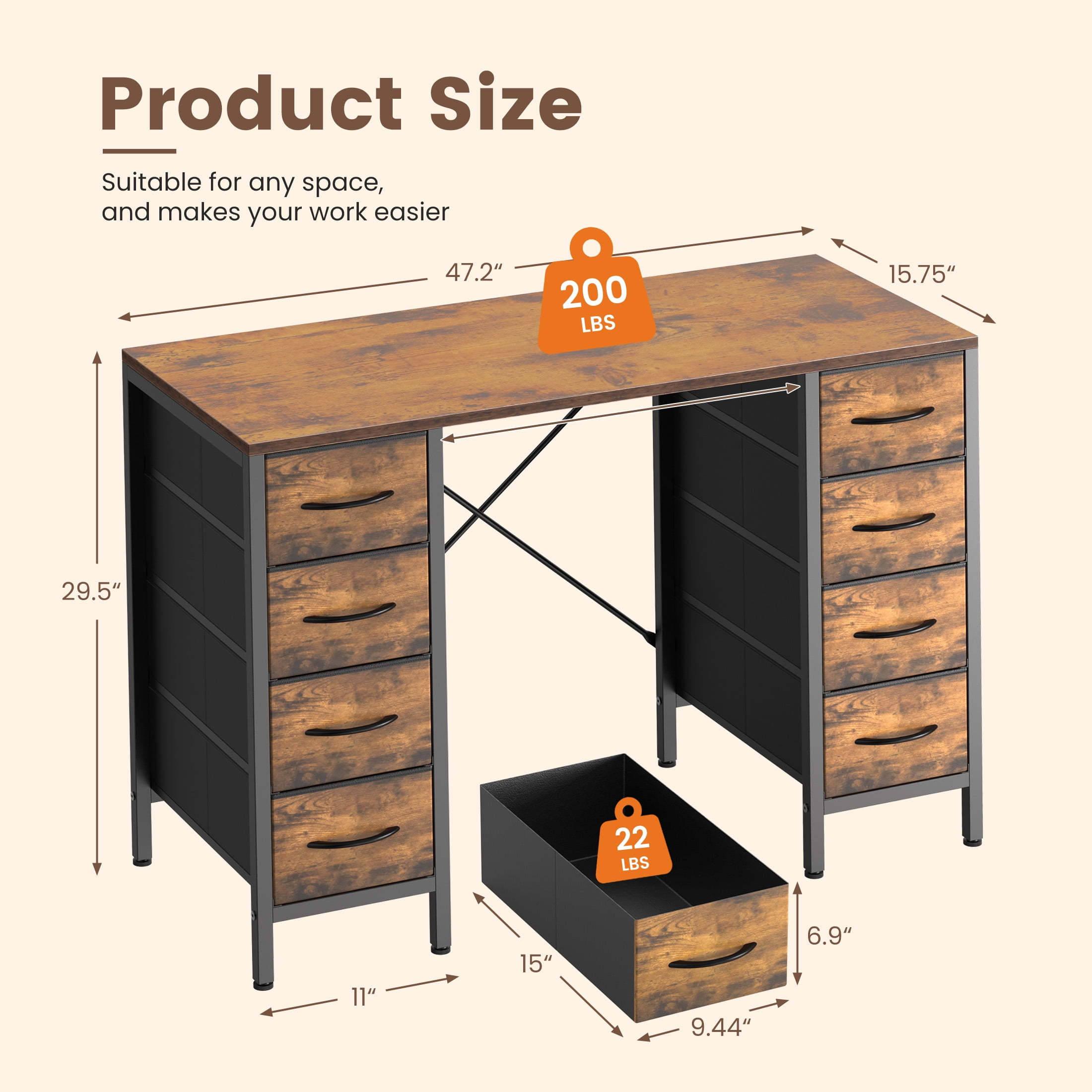 EDX 47 Inch Computer Desk with 8 Fabric Drawer, Home Office Desk with Power Outlets, Large Storage,Rust