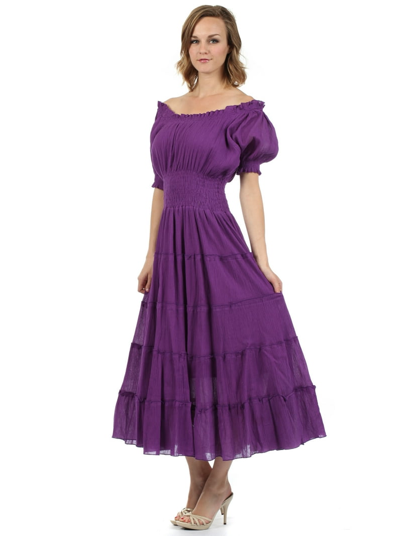 Sakkas Cotton Crepe Smocked Peasant Gypsy Boho Renaissance Mid Length Dress  - Purple - One Size - Walmart.com