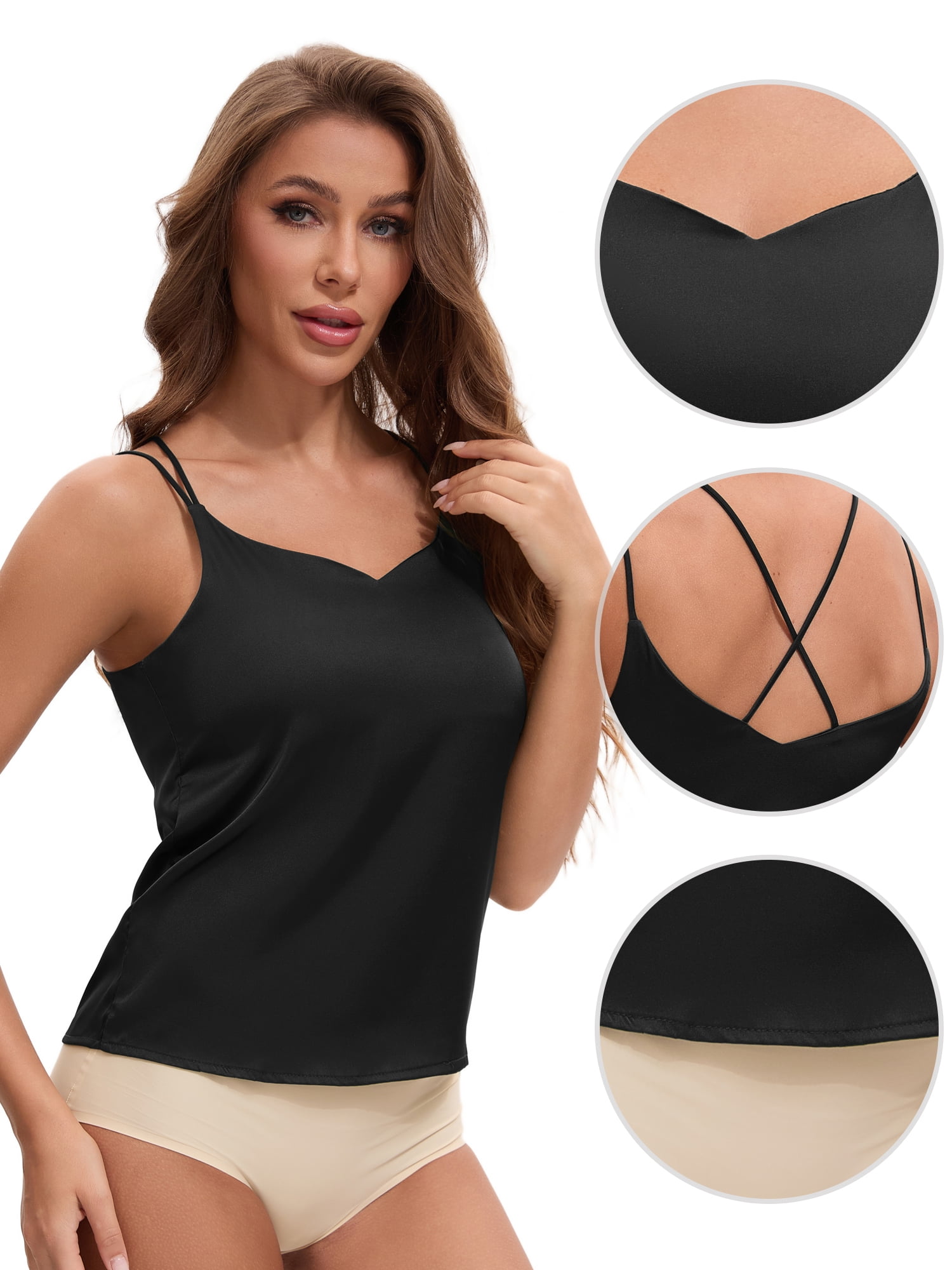 Unique Bargains Women's V Neck Wide Strap Loose Fit Camisoles M Black Y1