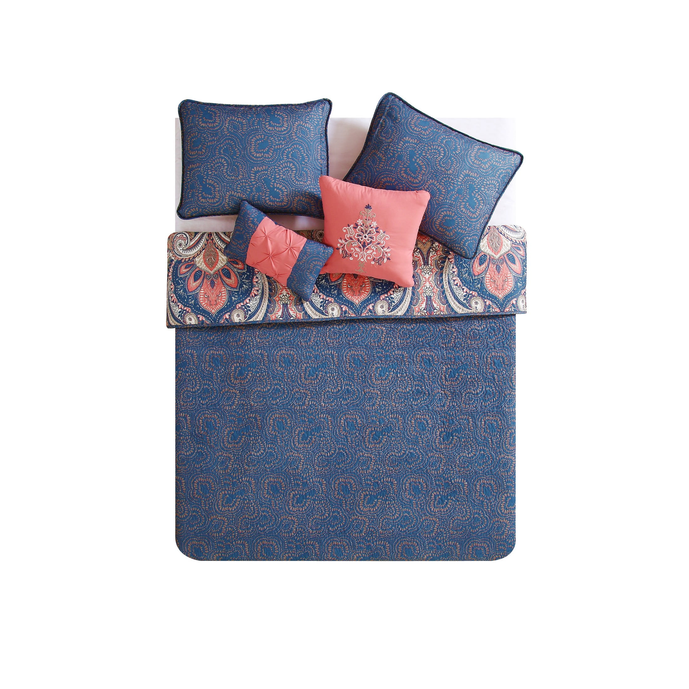 VCNY Home Casa Real 5-Piece Coral Damask Reversible Quilt Set, Full/Queen, Adult, Unisex