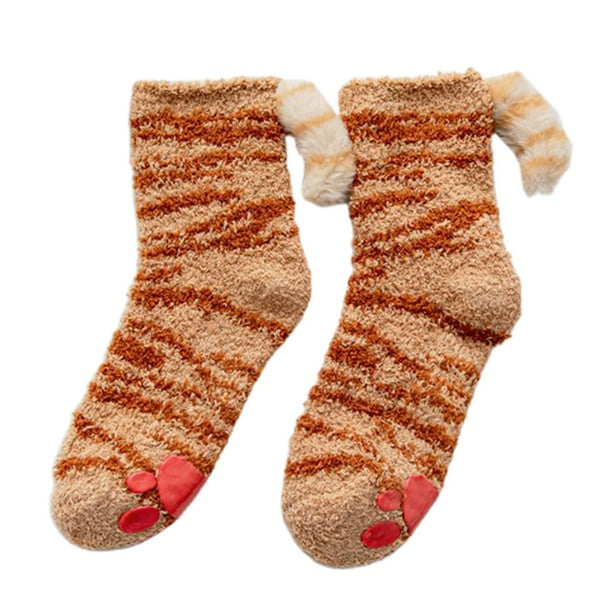 CANKER Women Cute Cat Paw Fuzzy Slipper Socks with Grippers 3D Plush ...