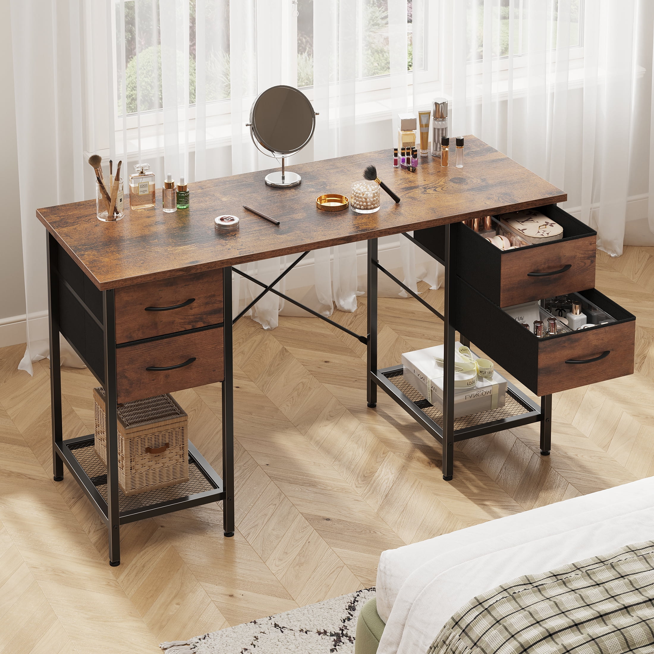 EDX 55 Inch Computer Desk with 4 Drawers, Office Desk with Mesh Shelf, Gaming Desk, Writing Work Desk , Large Storage, Rust