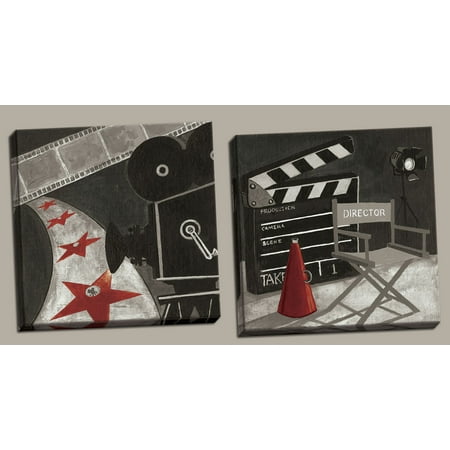 Movie Night Classic Red Grey And Black Film Reel And Director Chair Signs Two 12x12in Hand Stretched Canvases
