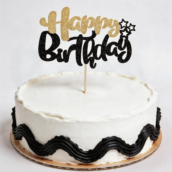 1Pcs Glitter Happy Birthday Cake Pick Cake Topper for Celebrating Wedding Anniversary Birthday Party Cake Decorations Supplies Black Gold