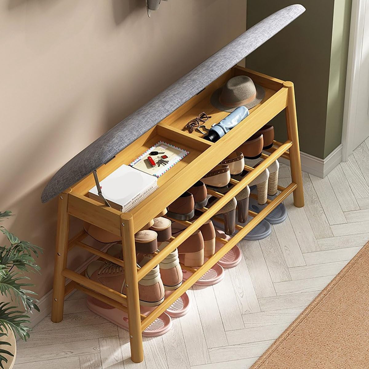 Colourtree 28" Shoe Rack Bench, Bamboo Entryway Bench, Organizer with 2 Tier Storage, Simple Style, Good Load Bearing, Ideal for Entryway Hallway Living Room