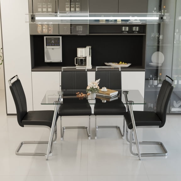 FFZ 51 inch Glass Dining Table Set for 4 with PU Armless Chairs, Silver Plating Legs, Transparent