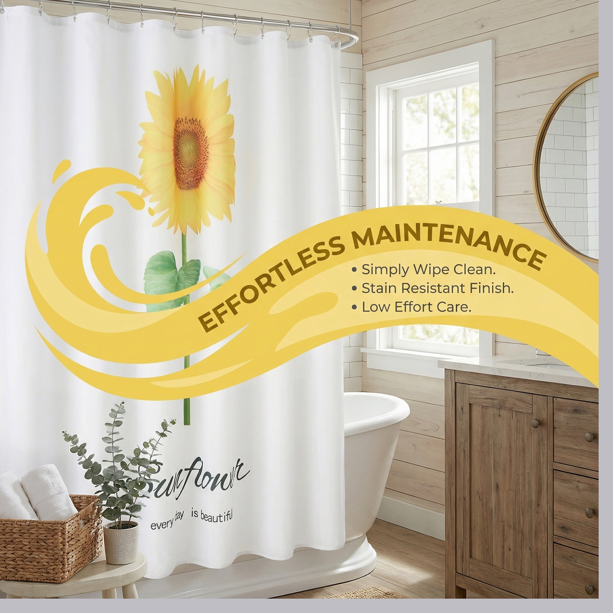 Unique Bargains Boho Shower Curtain Sets with Hooks Yellow Single Sunflower 71"W x 71"L