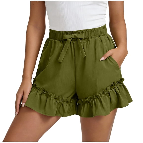 XPMWRP Women Casual Ruffle Hem Shorts Elastic Waist Drawstring Summer Shorts with Side Pockets for Beach and Casual Wear Green S