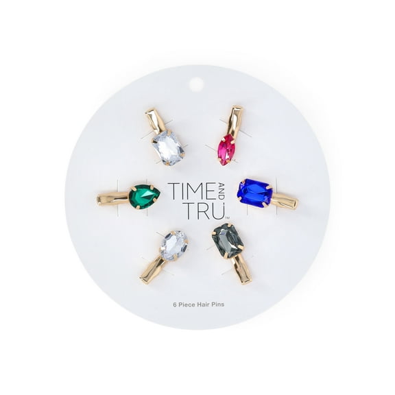 Time and Tru Women's Faux Gemstone Embellished Mini Hair Clips, 6-Pack