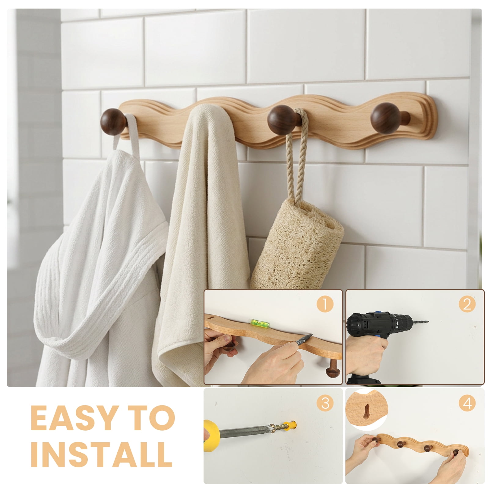 Wood Wall Mounted Coat Rack with 6 Hooks Wooden Hangers Wall Hook for Entryway Bathroom Bedroom Kitchen for Hanging Clothes Keys Robes Purse Towels Bags