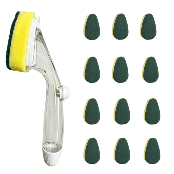 Non-Scratch Dishwand Kit, 1 Dish Wand & 12 Sponge Refills, Dish Brush with Soap Control Dispenser, Dish Wand Refill with Hole, Reusable Sponges Kitchen Dish Scrubber for Pans, Dishes (Yellow)