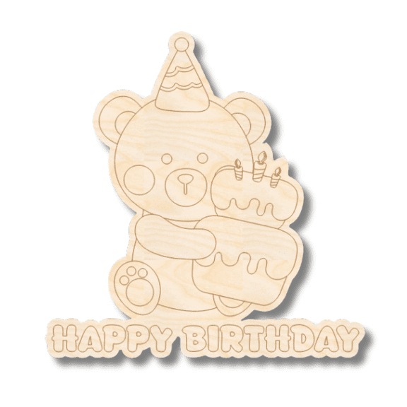 Unfinished Wood Etched Birthday Bear with Cake Shape | Paint By Line Crafts 18" / 1/4"