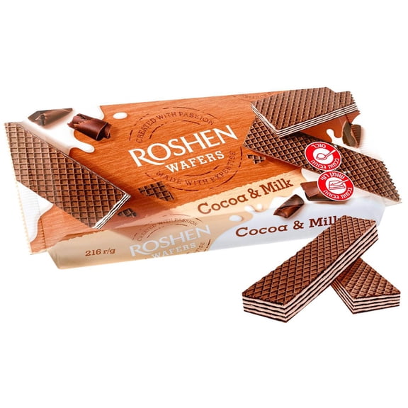 Roshen Wafers Cocoa & Milk, Cocoa Layered With Milk Filling Crunchy & Creamy Biscuits