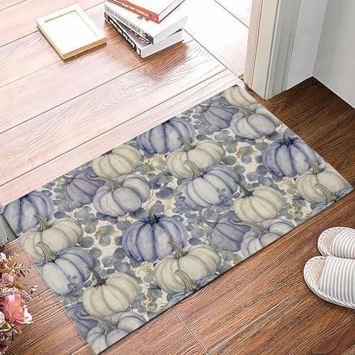 Doormat Indoor Home Decor Door Mat Blue Pumpkins Fall Floor Rugs for Kitchen Bathroom Thanksgiving Eucalyptus Leaves Rustic Funny Welcome Mat 16x24 Inch.