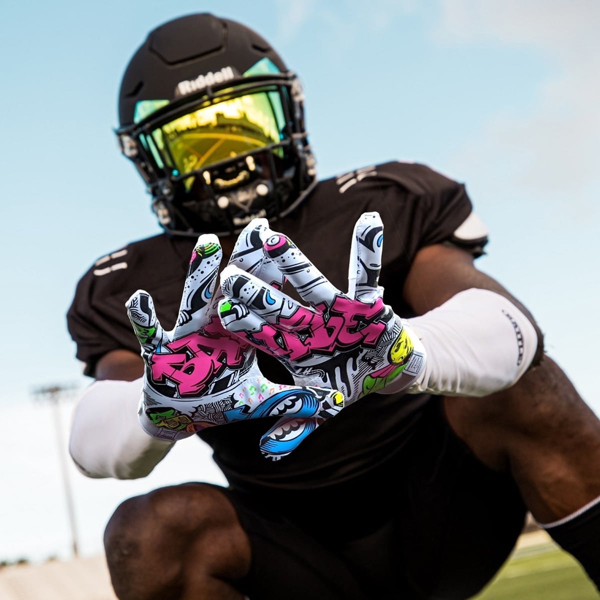 Battle Sports Adult Graffiti Triple Threat Football Gloves - Medium - White
